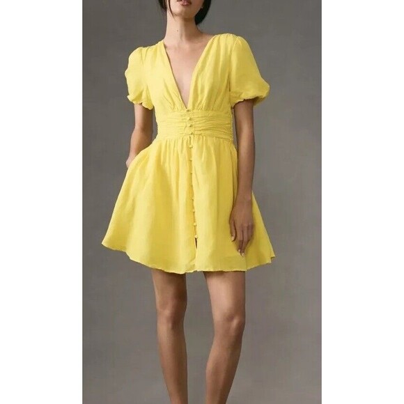 Anthropologie Dresses & Skirts - Anthropologie Women Mini Dress Yellow Linen Blend Katerina Button Front L NWT